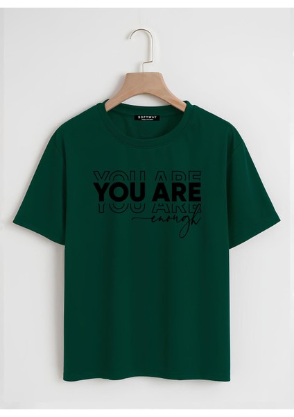 Unisex Oversize Bisiklet Yaka You Are Baskılı Basic T-Shirt - Koyu Yeşil