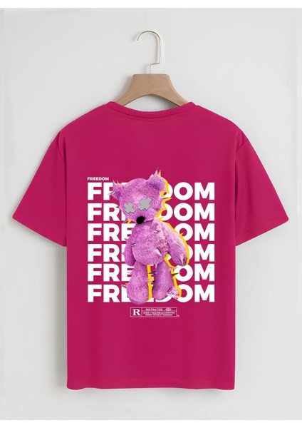 Unisex Oversize Bisiklet Yaka Freedom Baskılı Basic T-Shirt - Fuşya