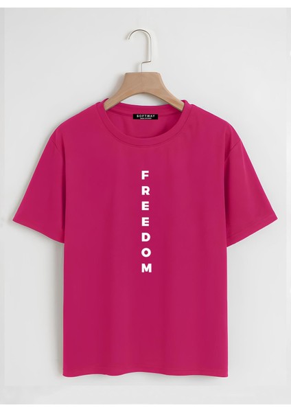 Unisex Oversize Bisiklet Yaka Freedom Baskılı Basic T-Shirt - Fuşya fiyatları