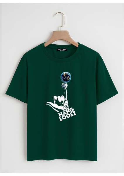 Unisex Oversize Bisiklet Yaka Hang Loose Baskılı Basic T-Shirt - Koyu Yeşil