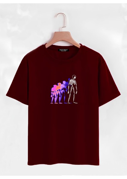 Unisex Oversize Bisiklet Yaka Colorful Skeleton Baskılı Basic T-Shirt - Bordo