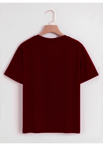 Unisex Oversize Bisiklet Yaka Colorful Skeleton Baskılı Basic T-Shirt - Bordo