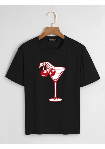 Unisex Oversize Bisiklet Yaka Cherry Cocktail Baskılı Basic T-Shirt - Siyah