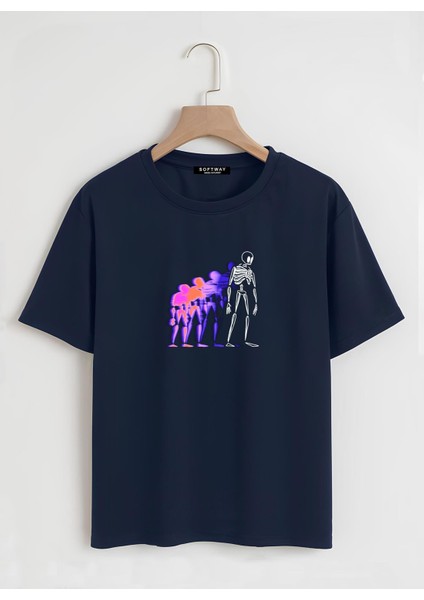 Unisex Oversize Bisiklet Yaka Colorful Skeleton Baskılı Basic T-Shirt - Lacivert
