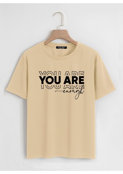 Unisex Oversize Bisiklet Yaka You Are Baskılı Basic T-Shirt - Bej