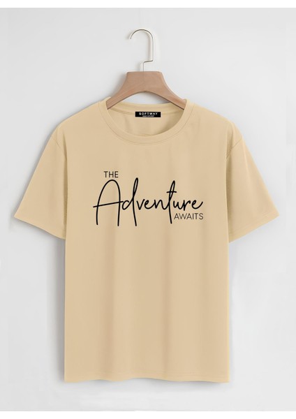Unisex Oversize Bisiklet Yaka Adventure Baskılı Basic T-Shirt - Bej