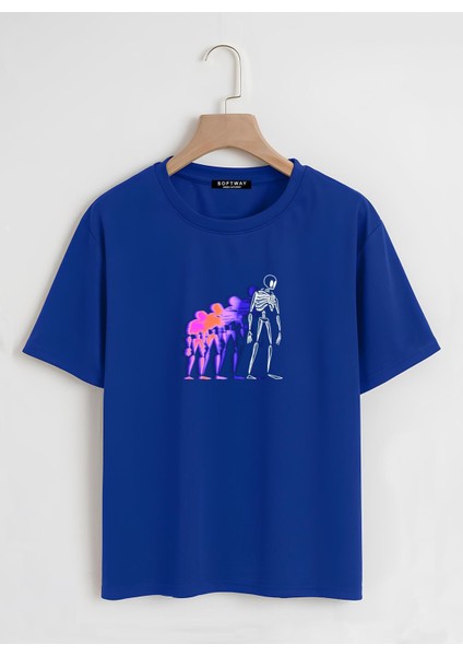 Unisex Oversize Bisiklet Yaka Colorful Skeleton Baskılı Basic T-Shirt - Saks Mavisi