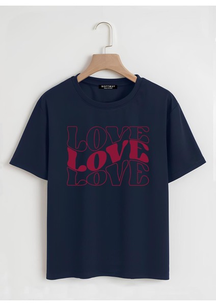 Unisex Oversize Bisiklet Yaka Theree Love Baskılı Basic T-Shirt - Lacivert