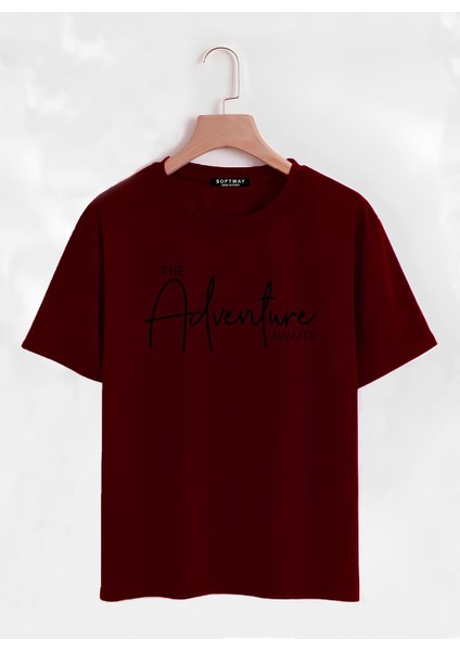 Unisex Oversize Bisiklet Yaka Adventure Baskılı Basic T-Shirt - Bordo