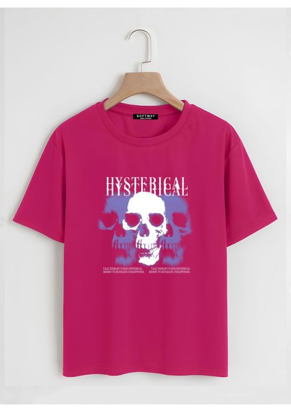 Unisex Oversize Bisiklet Yaka Hysterigal Baskılı Basic T-Shirt - Fuşya