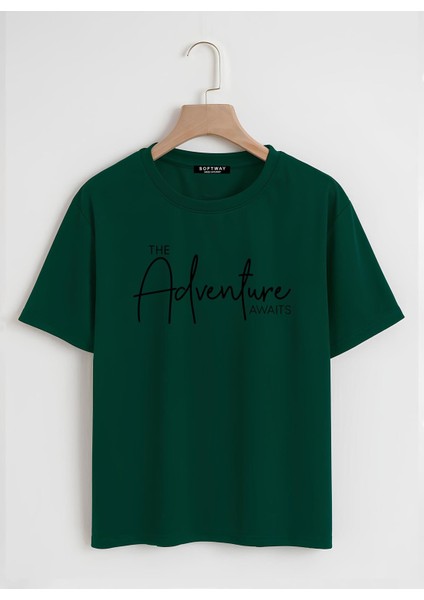 Unisex Oversize Bisiklet Yaka Adventure Baskılı Basic T-Shirt - Koyu Yeşil