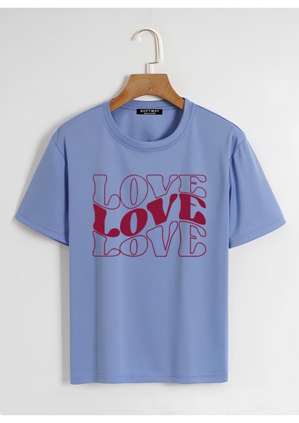 Unisex Oversize Bisiklet Yaka Theree Love Baskılı Basic T-Shirt - Mavi