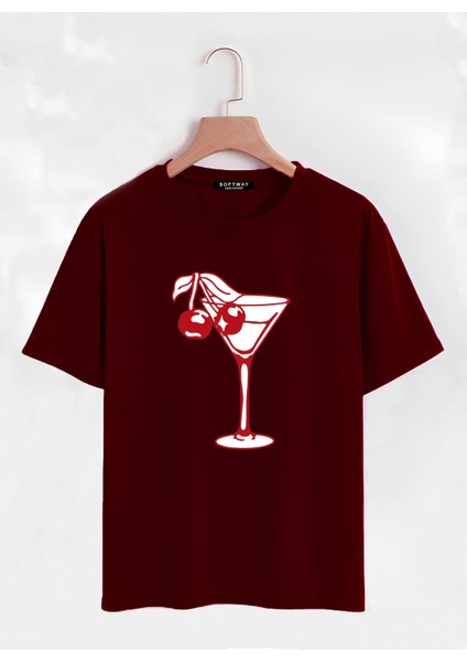 Unisex Oversize Bisiklet Yaka Cherry Cocktail Baskılı Basic T-Shirt - Bordo