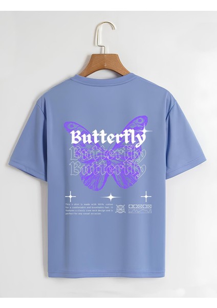 Unisex Oversize Bisiklet Yaka Butterfly Baskılı Basic T-Shirt - Mavi