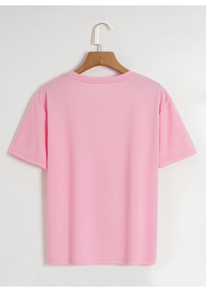 Unisex Oversize Bisiklet Yaka Colorful Skeleton Baskılı Basic T-Shirt - Pembe