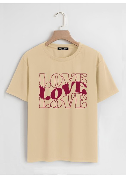 Unisex Oversize Bisiklet Yaka Theree Love Baskılı Basic T-Shirt - Bej