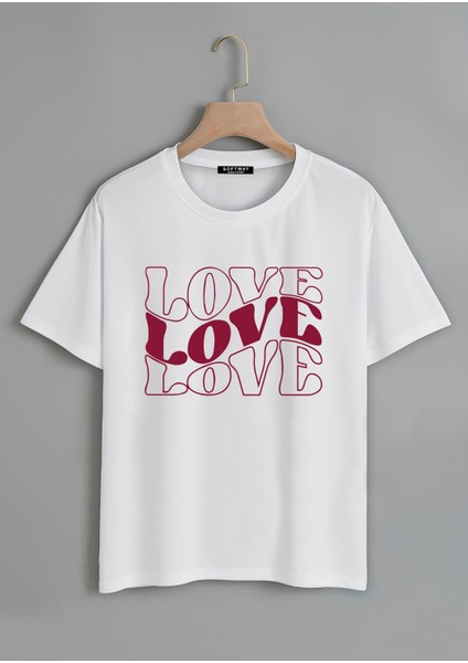Unisex Oversize Bisiklet Yaka Theree Love Baskılı Basic T-Shirt - Beyaz