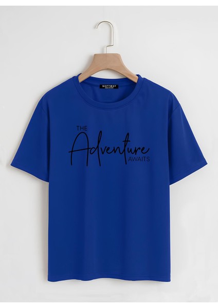 Unisex Oversize Bisiklet Yaka Adventure Baskılı Basic T-Shirt - Saks Mavisi