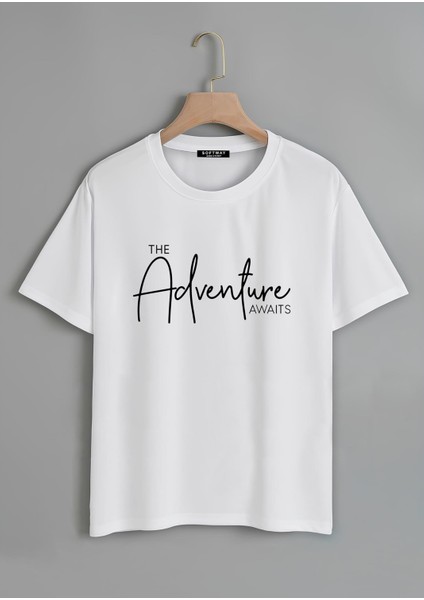 Unisex Oversize Bisiklet Yaka Adventure Baskılı Basic T-Shirt - Beyaz