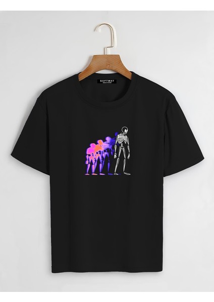 Unisex Oversize Bisiklet Yaka Colorful Skeleton Baskılı Basic T-Shirt - Siyah