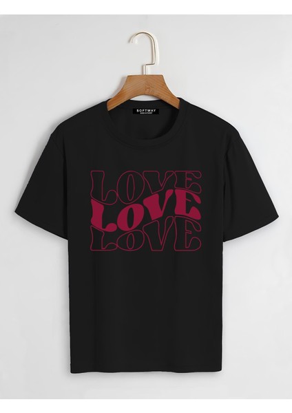 Unisex Oversize Bisiklet Yaka Theree Love Baskılı Basic T-Shirt - Siyah