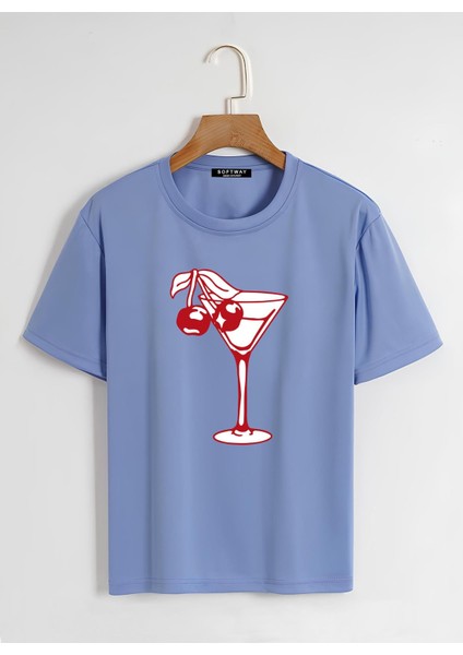Unisex Oversize Bisiklet Yaka Cherry Cocktail Baskılı Basic T-Shirt - Mavi