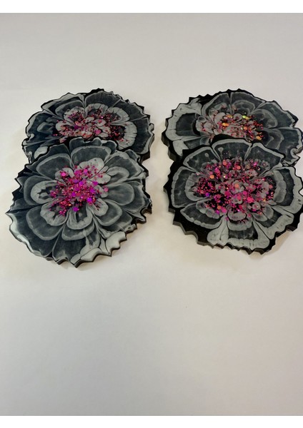 Epoksi Bardak Altlığı 4'lü Set Çiçek Desenli Pembe Pullu