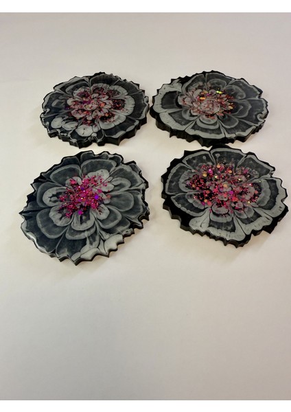 Epoksi Bardak Altlığı 4'lü Set Çiçek Desenli Pembe Pullu fiyatları