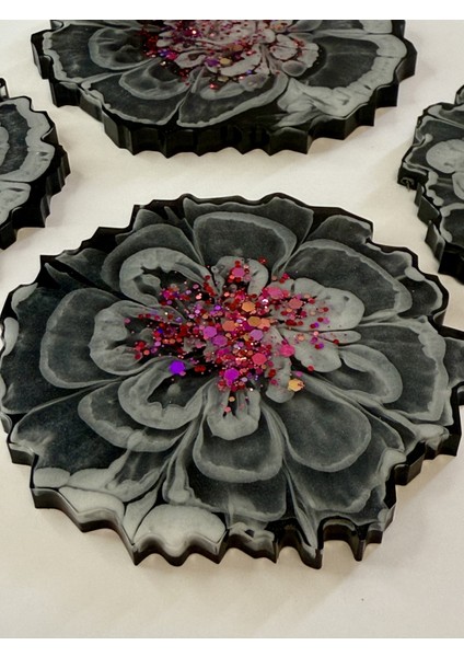 Epoksi Bardak Altlığı 4'lü Set Çiçek Desenli Pembe Pullu modelleri