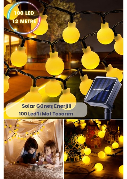 Solar 100 Ledli Top 8 Modlu Sarı Işık Bahçe Aydınlatma Dekorasyon Güneş Enerjili