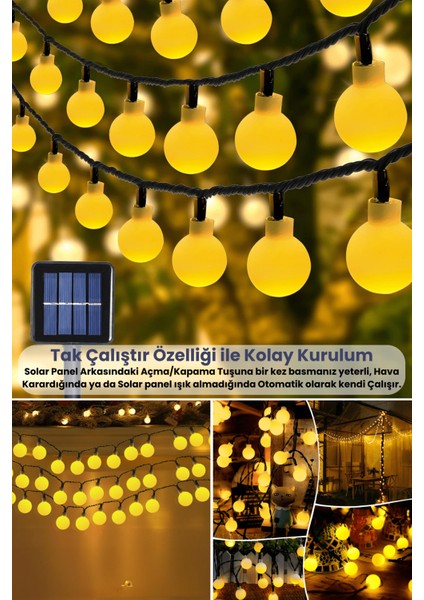 Solar 100 Ledli Top 8 Modlu Sarı Işık Bahçe Aydınlatma Dekorasyon Güneş Enerjili
