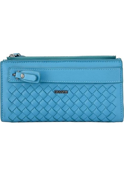 Grande Hakiki Deri Kadın Cüzdan Örgü Turkuaz 2760