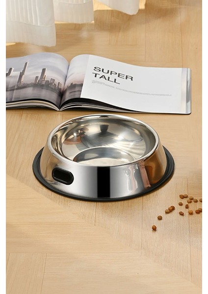 Paslanmaz Çelik 1000 ml Gri Kaymaz Taban Kedi Köpek Mama ve Su Kabı CIN569-26