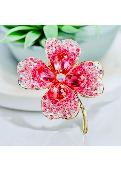 Pembe Zirkon Taşlı Altın Renk Kristal Taşlı Tasarım Çiçek Broş fiyatları