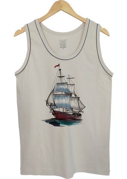 Erkek Askılı Taş Renk T-Shirt Yelkenli Dijital Baskılı