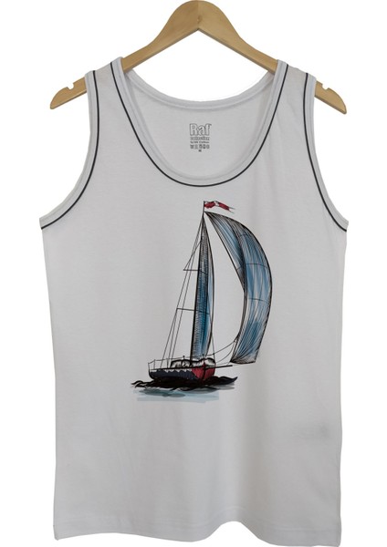 Erkek Askılı Beyaz T-Shirt Yelkenli Dijital Baskılı