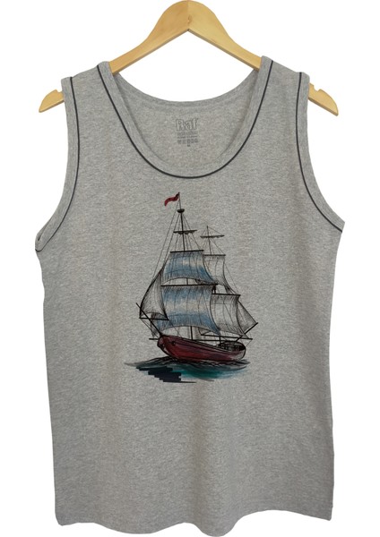 Erkek Askılı Gri Melanj T-Shirt Yelkenli Dijital Baskılı