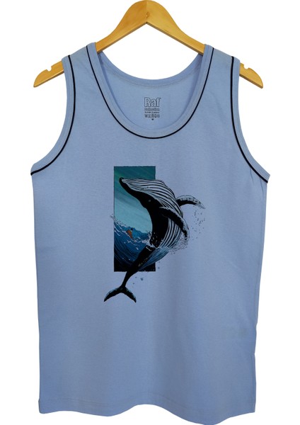 Erkek Askılı Açık Mavi T-Shirt Balina Dijital Baskılı