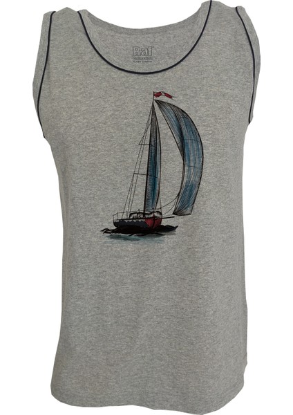 Erkek Askılı Gri Melanj T-Shirt Yelkenli Dijital Baskılı