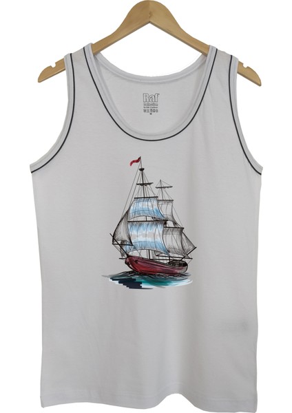 Erkek Askılı Beyaz T-Shirt Yelkenli Dijital Baskılı