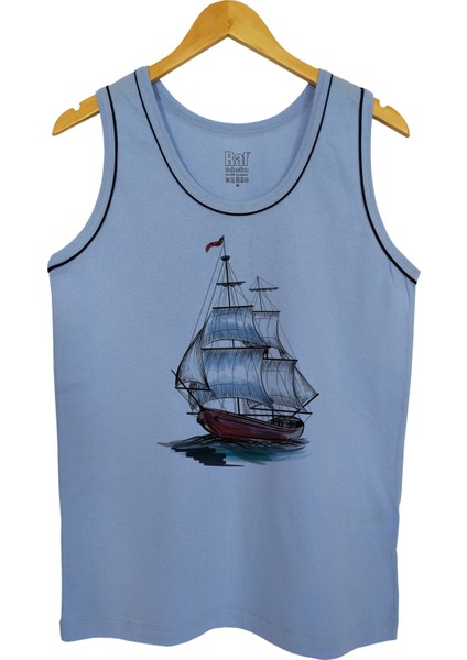 Erkek Askılı Açık Mavi T-Shirt Yelkenli Dijital Baskılı