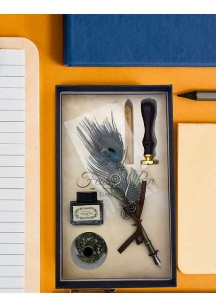 Steampunk Tasarımlı Tavus Kuşu Tüylü Kaligrafi ve Hat Sanatı Seti – Vintage Dolma Kalem Kutulu Set