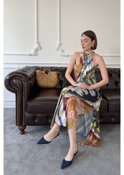 Saten Boyundan Bağlamalı Elbise- Siyah