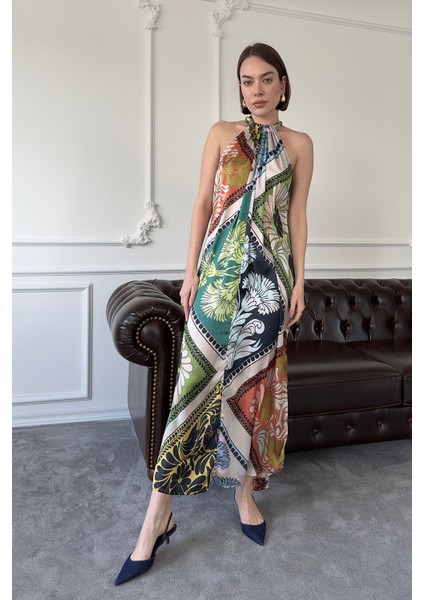 Saten Boyundan Bağlamalı Elbise- Siyah fiyatları