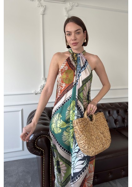 Saten Boyundan Bağlamalı Elbise- Siyah indirimleri