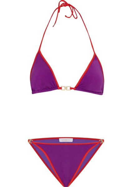 Biye Detaylı Aksesuarlı Mor Üçgen Bikini Takım