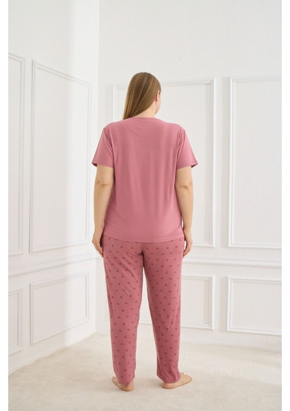 Kadın Kiraz Desenli Pembe Kısa Kollu Esnek Yumuşak Dokulu Milan Kumaş Yazlık Büyük Beden Pijama Takımı fiyatları