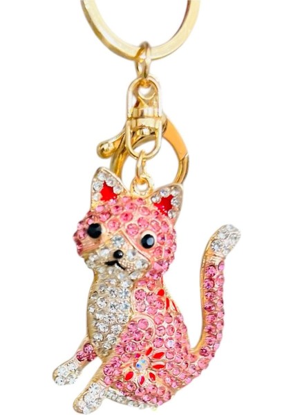 Zirkonyum Taşlı Kedi Tasarımlı Çanta Süsü, Cüzdan Süsü Anahtarlık
