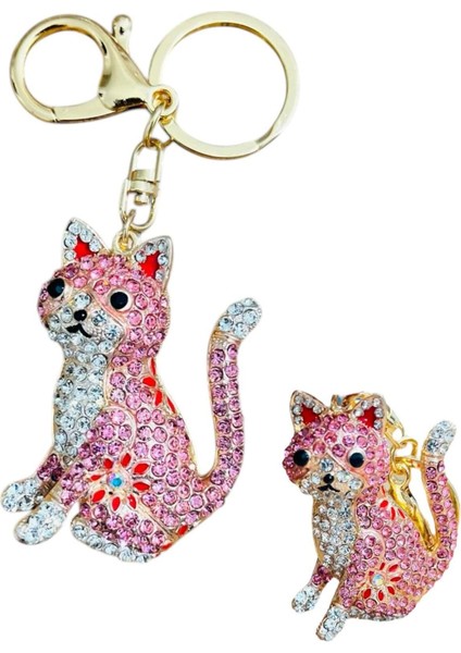 Zirkonyum Taşlı Kedi Tasarımlı Çanta Süsü, Cüzdan Süsü Anahtarlık