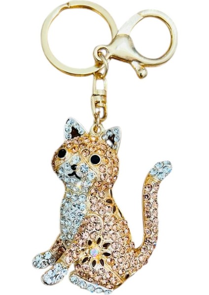 Zirkonyum Taşlı Kedi Tasarımlı Çanta Süsü, Cüzdan Süsü Anahtarlık